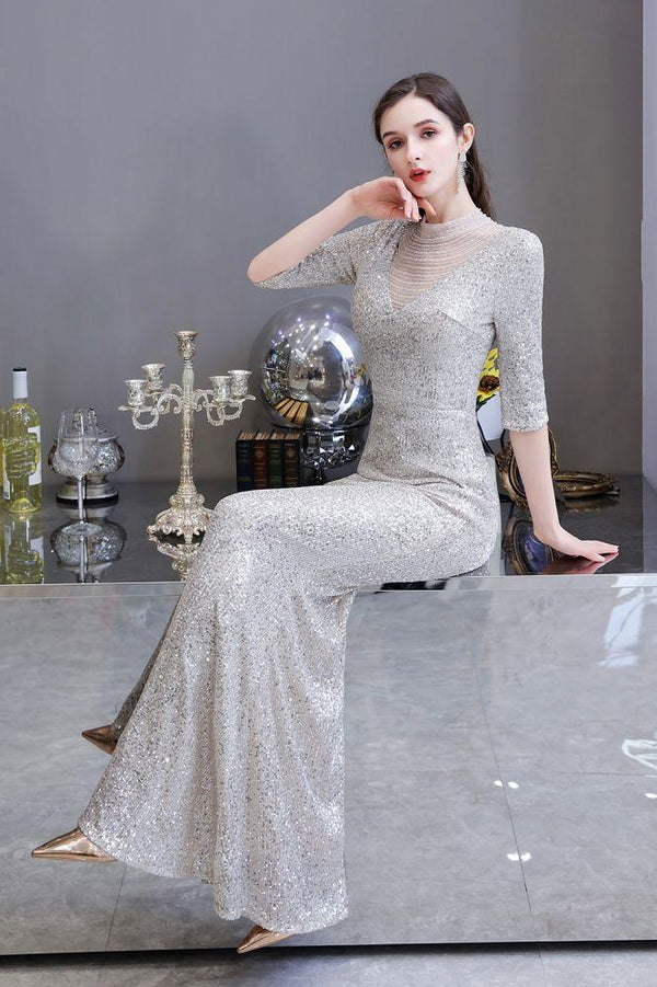 Glamorous Silver Party Dress Long Sleeves Long Prom Dresses  Dbrbridal