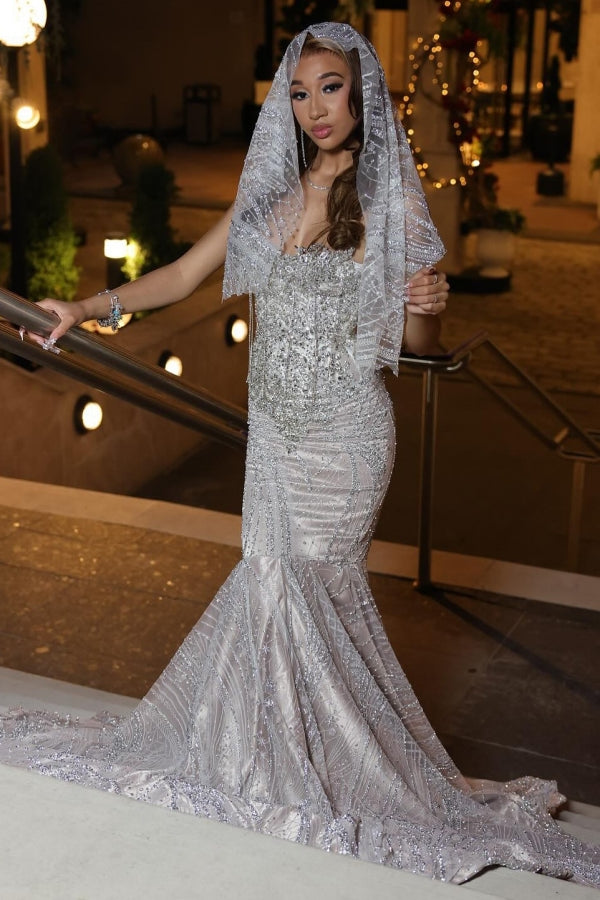 Glamorous Silver Strapless Mermaid Crystal Prom Dress-Dbrbridal
