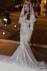 Glamorous Silver Strapless Mermaid Crystal Prom Dress-Dbrbridal