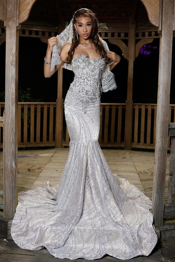Glamorous Silver Strapless Mermaid Crystal Prom Dress-Dbrbridal
