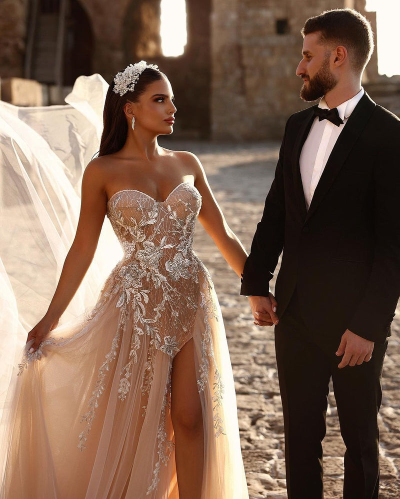 glitter lace wedding dress Elegant Sweetheart Long Long Slit Online embellished with shimmering rhinestones that catch the light and create the impression of a sparkling cloud Sparkly Lace and Tulle Ballgown
