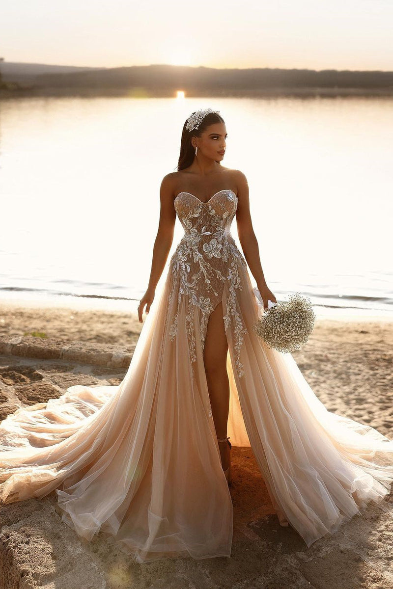 Glamorous Sweetheart Long Glitter Lace Bridal Gown Long Slit