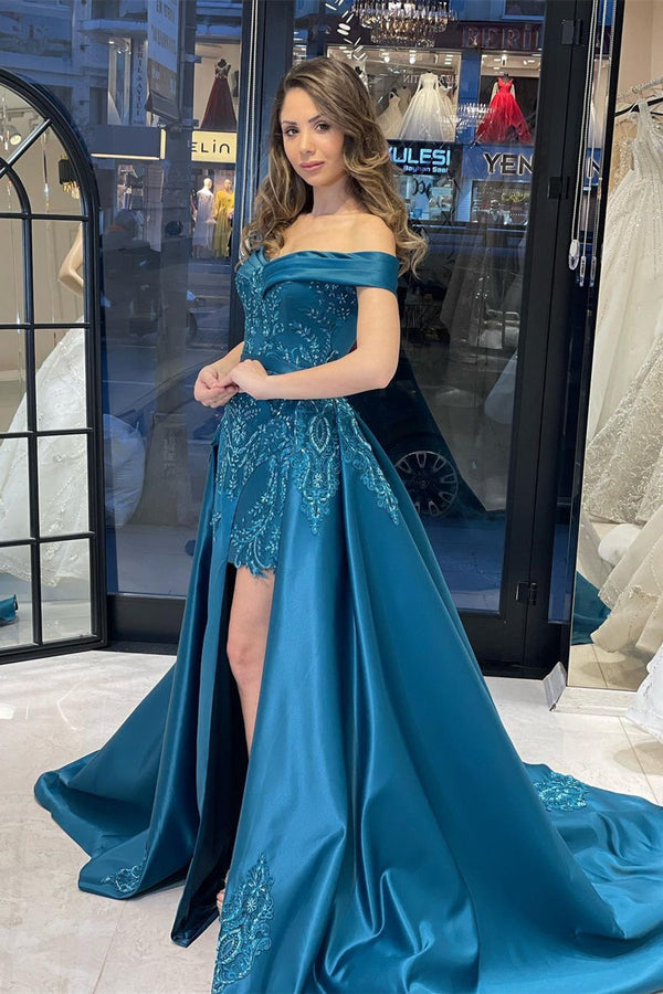 Glamorous Sweetheart Off-the-Shoulder Sheath Ribbon Evening Party Gowns with Appliques-Dbrbridal