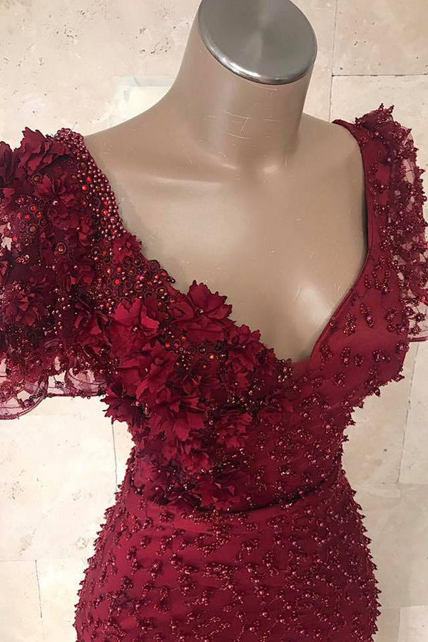 Glamorous V-Neck Short Sleeves Beading Flower Mermaid Floor-Length Prom Dresses-Dbrbridal