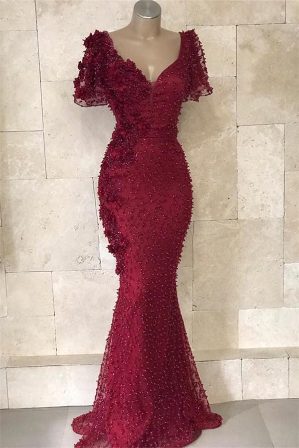 Glamorous V-Neck Short Sleeves Beading Flower Mermaid Floor-Length Prom Dresses-Dbrbridal