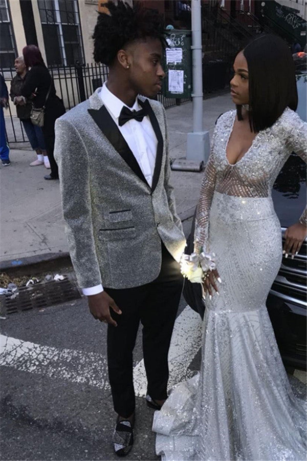 Glitter Silver Sequins Men Suits Peaked Lapel Two Piece Prom Outfits-Dbrbridal