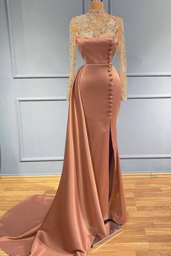 Goegeous Mermaid Evening Dress Lace High-Neck With Buttons Long Sleeves-Dbrbridal