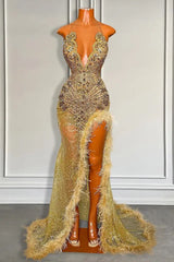 Gold Sleeveless Mermaid Prom Dress with Sequins High Slit and Feather Beadings-Dbrbridal