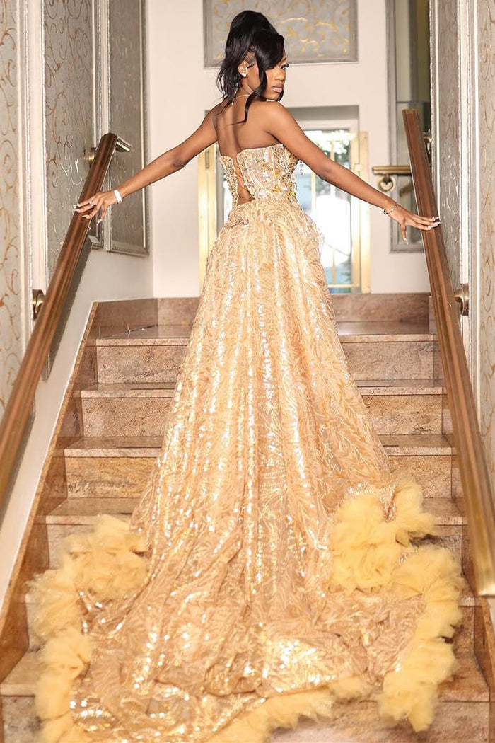 Gold Sweetheart Beaded Sparkles Court Train Flowers Prom Dresses – Dbrbridal