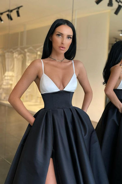Gorgeous Black and White Prom Dress Long Split Spaghetti-Straps Dbrbridal Gorgeous Black and White Prom Dress Long Split Spaghetti-Straps Dbrbridal