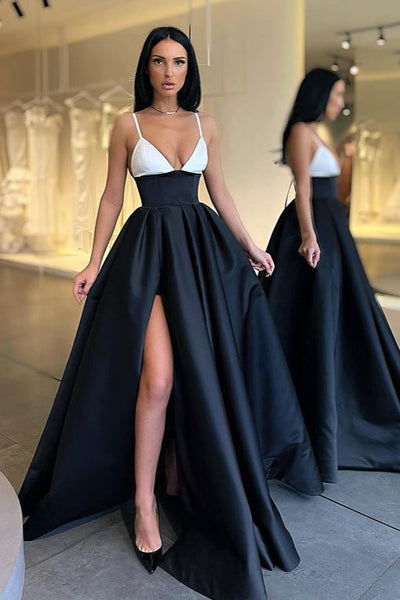 Gorgeous Black and White Prom Dress Long Split Spaghetti-Straps – Dbrbridal