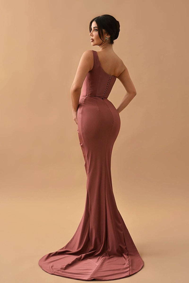 Gorgeous Dusty Rose One-Shoulder Mermaid Prom Dress with Pleats and Split-Dbrbridal