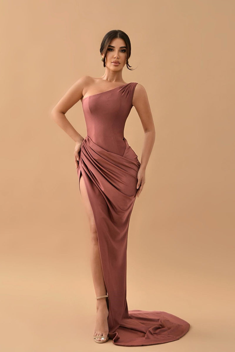 Gorgeous Dusty Rose One-Shoulder Mermaid Prom Dress with Pleats and Split-Dbrbridal