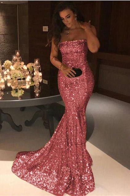 Gorgeous Gold Sequins Mermaid Evening Gowns Chic Strapless Prom Dresses-Dbrbridal