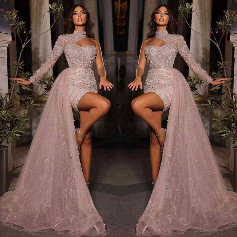 Gorgeous High Neck Prom Dress with Pearls and Ruffles-Dbrbridal