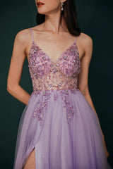 Gorgeous Lilac Tulle High-split Spaghetti-Straps Prom Dress-Dbrbridal