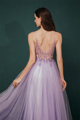 Gorgeous Lilac Tulle High-split Spaghetti-Straps Prom Dress-Dbrbridal