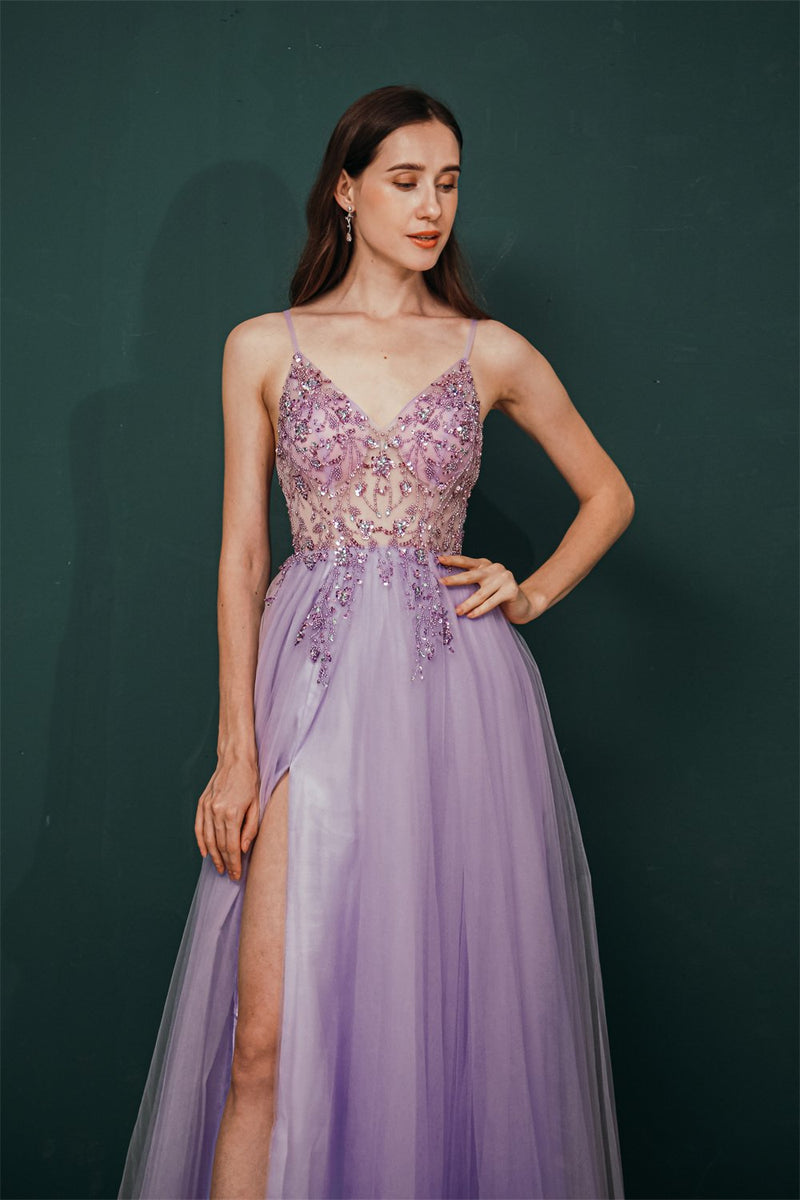 Gorgeous Lilac Tulle High-split Spaghetti-Straps Prom Dress-Dbrbridal