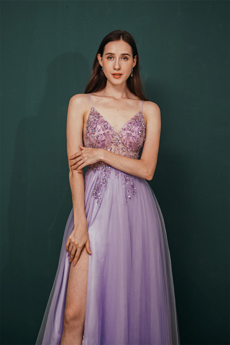 Gorgeous Lilac Tulle High-split Spaghetti-Straps Prom Dress-Dbrbridal