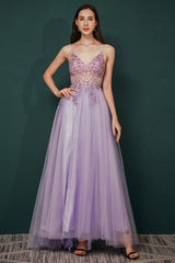 Gorgeous Lilac Tulle High-split Spaghetti-Straps Prom Dress-Dbrbridal