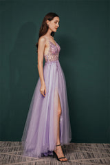Gorgeous Lilac Tulle High-split Spaghetti-Straps Prom Dress-Dbrbridal
