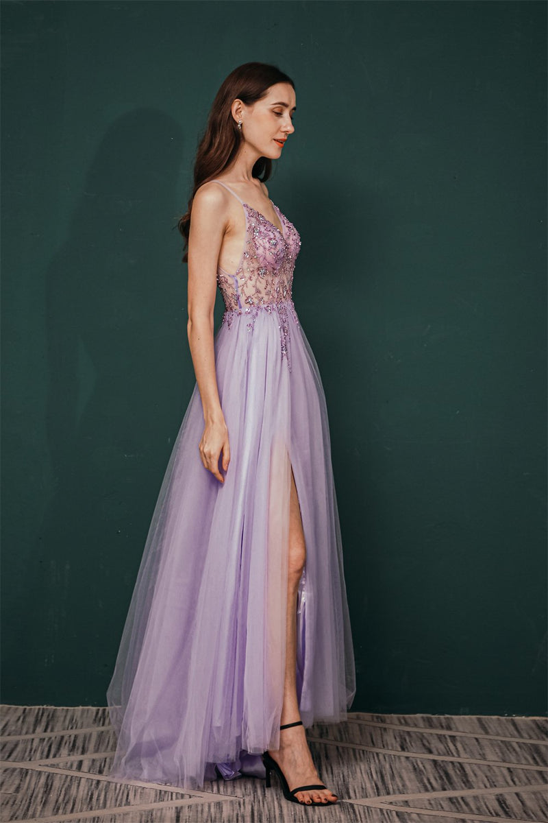Gorgeous Lilac Tulle High-split Spaghetti-Straps Prom Dress-Dbrbridal