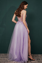 Gorgeous Lilac Tulle High-split Spaghetti-Straps Prom Dress-Dbrbridal