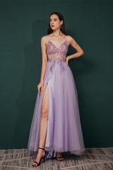 Gorgeous Lilac Tulle High-split Spaghetti-Straps Prom Dress-Dbrbridal