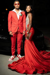 Gorgeous Red Crystal Mermaid Sleeveless Prom Dress with Fur-Dbrbridal