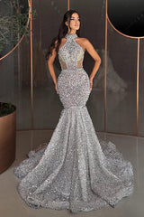 Gorgeous Silver High Neck Mermaid Prom Dress with Sequins-Dbrbridal