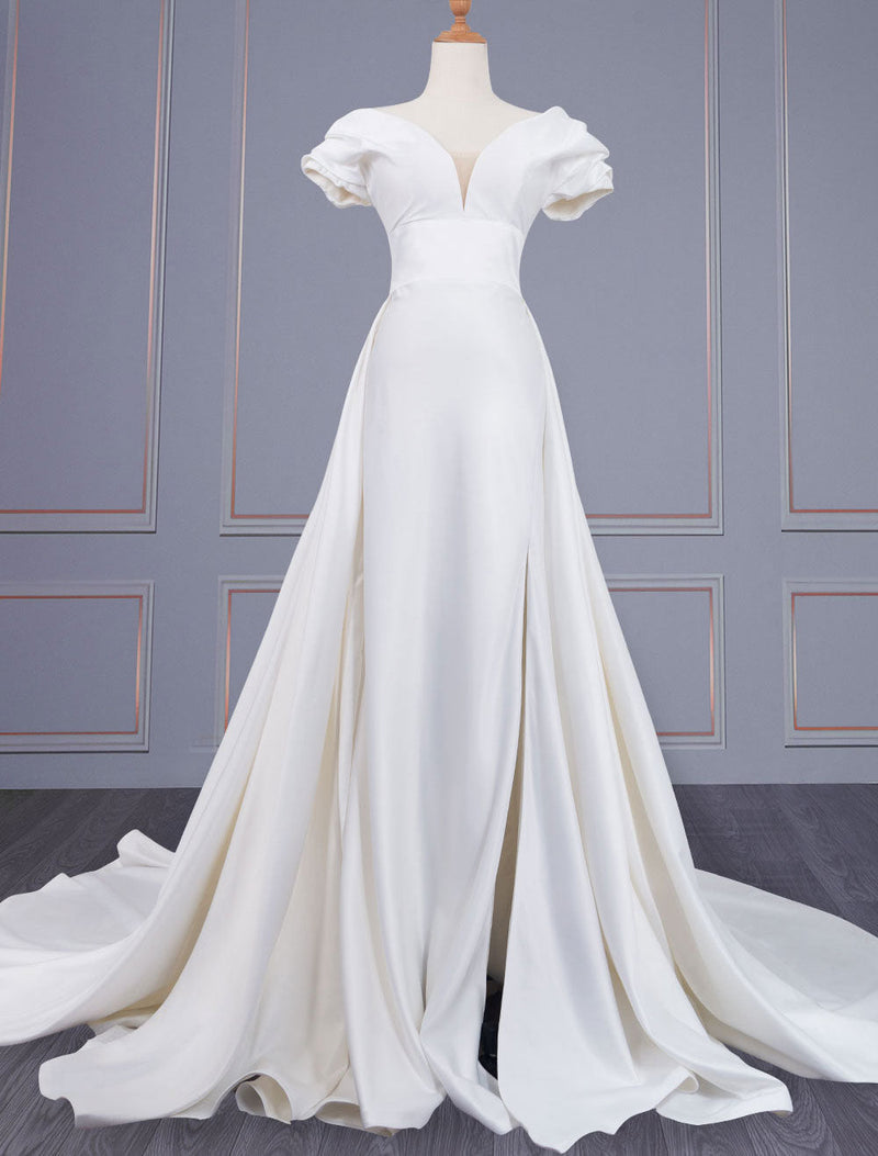 Gorgeous Wedding Dresses Satin Fabric V-Neck Short Sleeves Backless A-Line Long Bridal Dresses-Dbrbridal