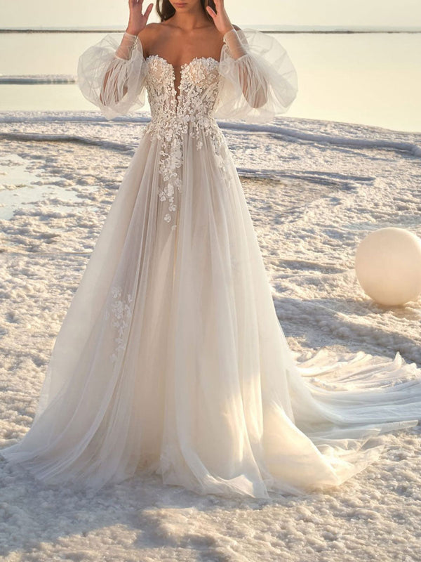 Gorgeous Wedding Dresses With Train A-Line Off-The-Shoulder Long Sleeves Backless Lace Bridal Gown-Dbrbridal