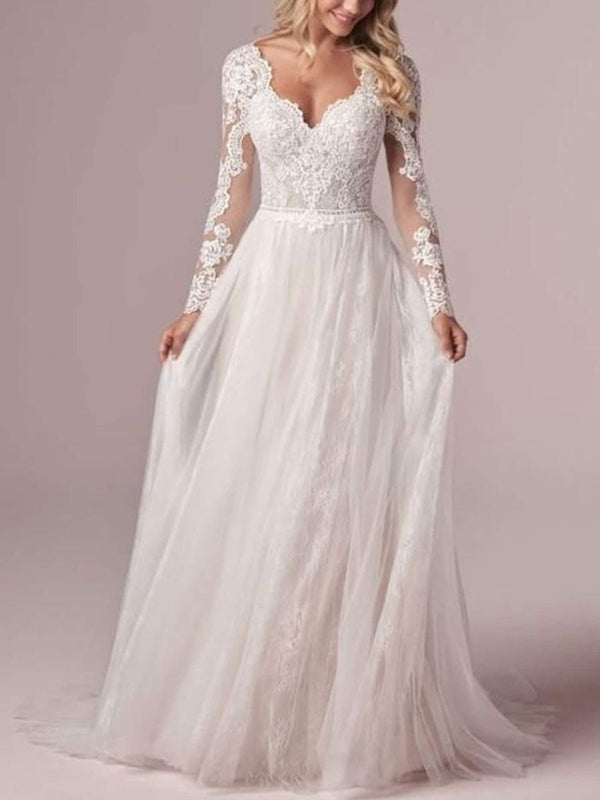 Gorgeous Wedding Dresses With Train A Line V Neck Long Sleeves Backless Lace Bridal Gown-Dbrbridal
