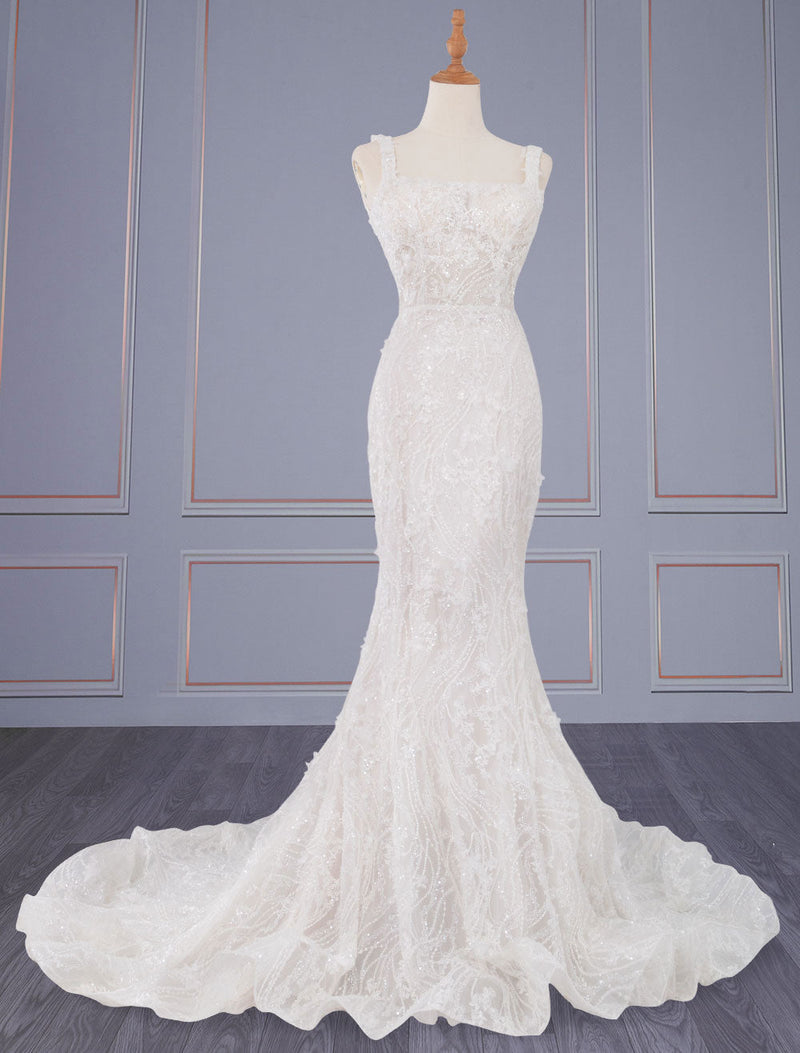 Gorgeous Wedding Dresseses With Train Sleeveless Backless Lace Square Neck Long Bridal Gown-Dbrbridal