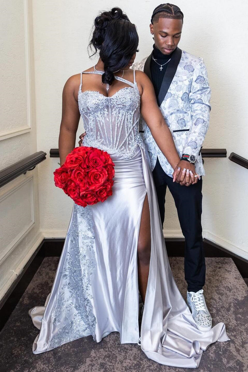 Gorgeous White Spaghetti Strap Side Slit Appliques Prom Dress-Dbrbridal