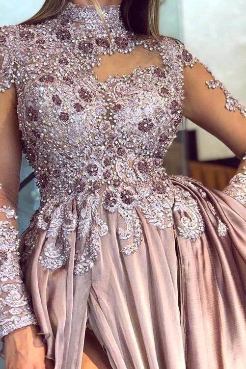 Graceful High-Neck Lace Appliques Prom Dresses With Split See Through Evening Gowns-Dbrbridal