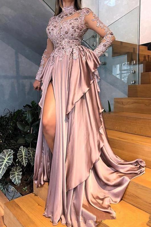 Graceful High-Neck Lace Appliques Prom Dresses With Split See Through Evening Gowns-Dbrbridal
