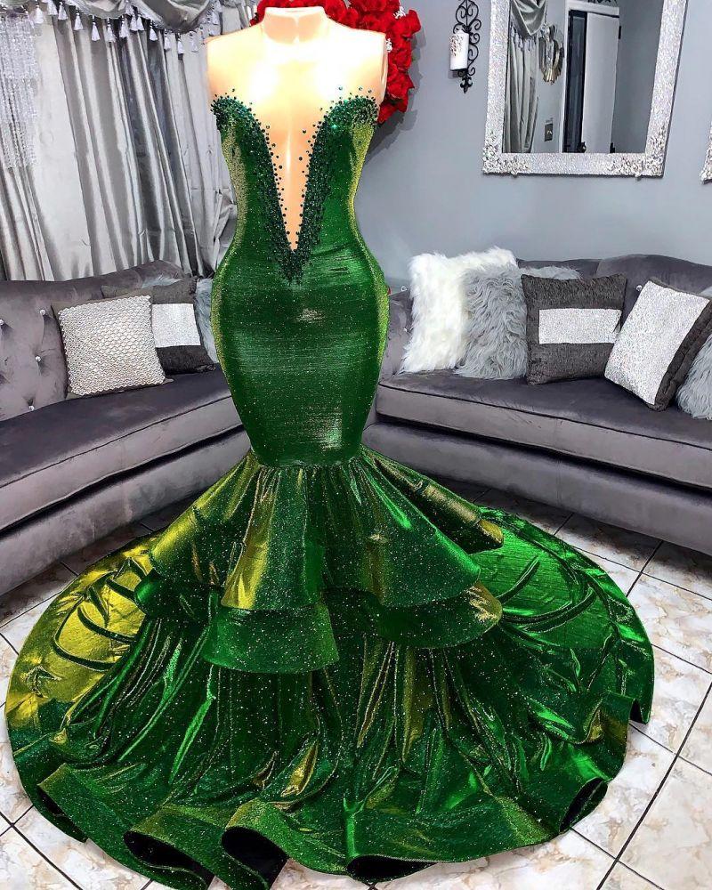 Green Glamorous Ruffles Mermaid Prom Dresses Chic Sweetheart Appliques Long Evening Dresses-Dbrbridal
