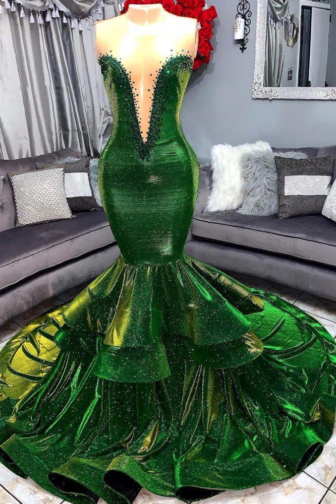 Green Glamorous Ruffles Mermaid Prom Dresses Chic Sweetheart Appliques Long Evening Dresses-Dbrbridal