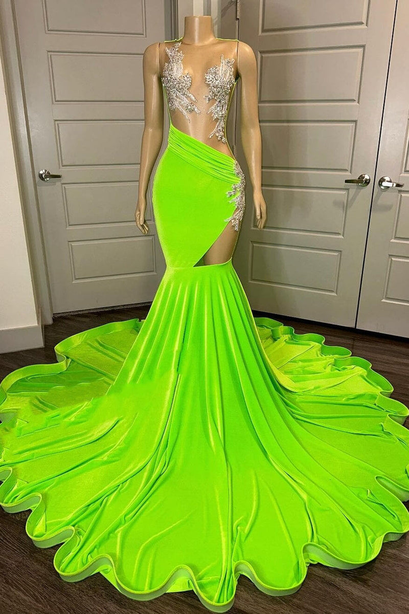 Green Sleeveless Mermaid Prom Dresses With Split Appliques-Dbrbridal