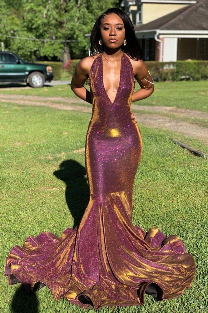 Halter Chic V-Neck Gorgeous Prom Dresses Fit and Flare Sleeveless Chic Evening Gowns-Dbrbridal
