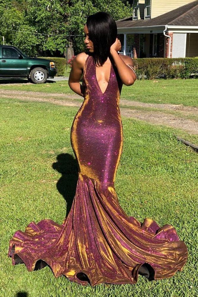 Halter Chic V-Neck Gorgeous Prom Dresses Fit and Flare Sleeveless Chic Evening Gowns-Dbrbridal