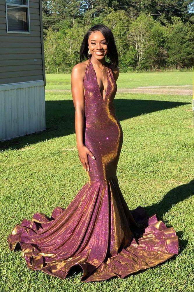 Halter Chic V-Neck Gorgeous Prom Dresses Fit and Flare Sleeveless Chic Evening Gowns-Dbrbridal