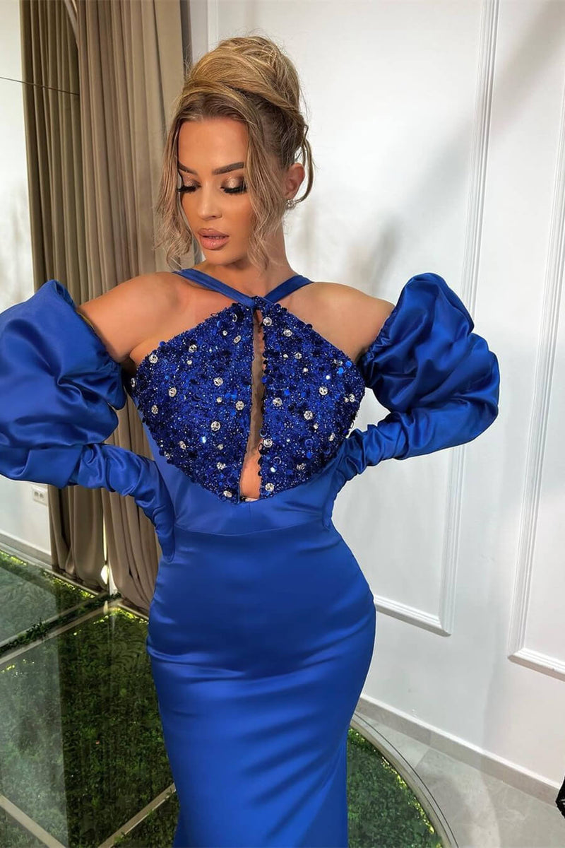 Halter Mermaid Evening Prom Dresses - Royal Blue with Sequins Beads-Dbrbridal