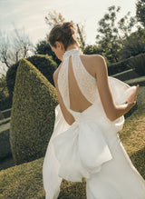 Halter Sleeveless Mermaid Fitted Wedding Dresses Beaded Sweep Train Satin-Dbrbridal