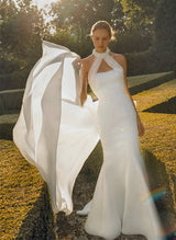 Halter Sleeveless Mermaid Fitted Wedding Dresses Beaded Sweep Train Satin-Dbrbridal