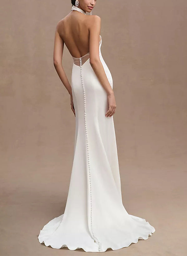 Halter Sleeveless Silk Like Satin Sheath Fitted Wedding Dresses Split –  Dbrbridal
