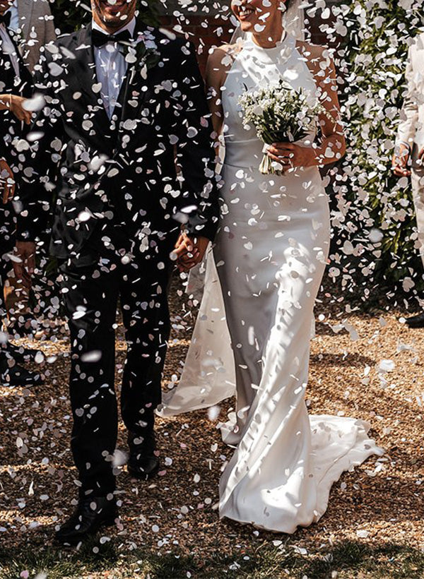 Sweeping Train Halter Sleeveless Sweep Train Wedding Dresses Sheath Fitted – Dbrbridal