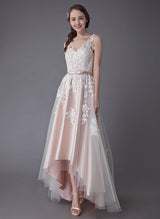 High Low Lace Wedding Dresses Bow Sash Tulle Applique for Summer Summer Beach Wedding Dresses-Dbrbridal