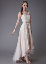 High Low Lace Wedding Dresses Bow Sash Tulle Applique for Summer Summer Beach Wedding Dresses-Dbrbridal